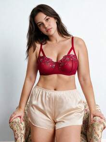 Elorette 1pc Plus Size Mesh Embroidered Underwire Bra - Burgundy - View 8