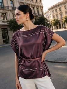 Anewsta New Elegant Purple Women's Top, Scarf-Like Texture, Modern Office Style With Belt Detail - Purple - View 4