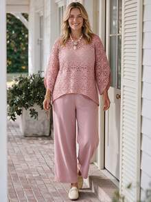 Zaforene Plus Size Women's Autumn Casual Elegant Vacation Hollow Lace Top And Wide Leg Pants 2 Pieces Set, Light Pink With Pockets Tea Party Formal - Dusty Pink - View 3