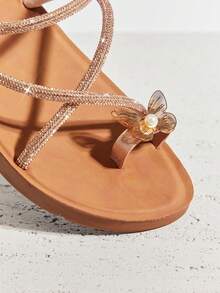 VACAZURE #ButterflyGleam Women's Rose Gold 3D Butterfly Pearl Decor Rhinestone Ring Toe Sandals – Elegant, Sparkly&Comfortable. - Rose Gold - View 7