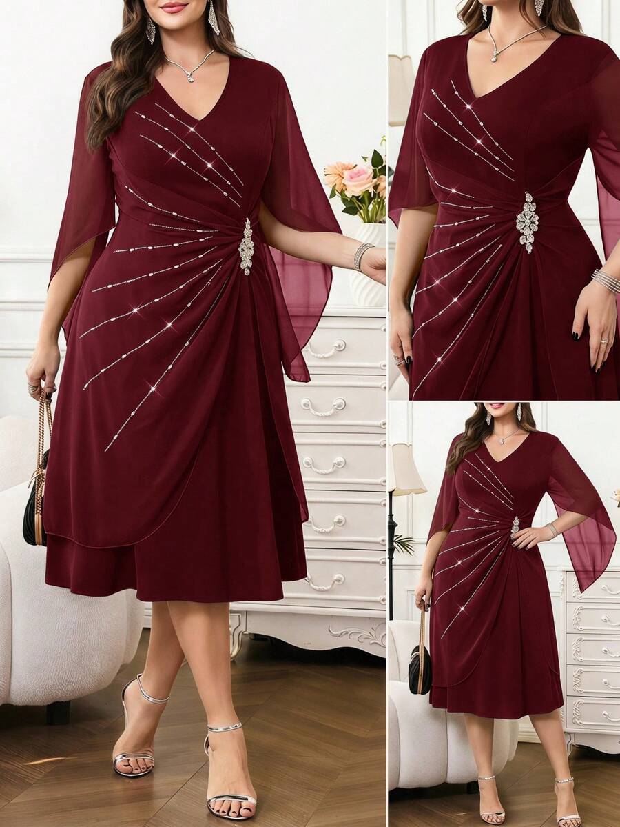 Reflora Plus Size Elegant Exquisite Rhinestone Pleated Crystal Buckle Waist Dress - Burgundy - View 1