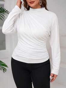 SHEIN Clasi Plus Size Women's Solid Color Ruched Fitted Versatile Casual T-Shirt Fall - White - View 5