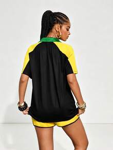 Gowayae Gowayae Top de manga corta holgado casual de verano, nuevo, con bloques de color verde, amarillo y negro, con cuello, rayas anchas de bloques de color en los laterales, camiseta, ropa de calle diaria, casual deportivo, vacaciones, estilo vintage americano - Multicolor - Ver 2