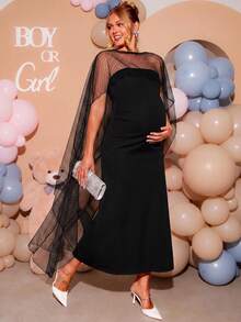 Loomaby Maternity Polka Dot Mesh Shawl And Bandeau Dress Elegant 2 Pieces Set - Black - View 7