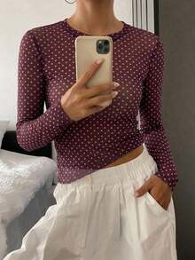 DAZY 女款圓領波點修身百搭日常穿著長袖上衣 - 紫色 - 查看 1