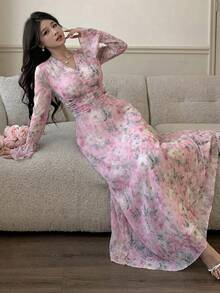Feyla 女款花卉印花鈕扣設計喇叭袖優雅洋裝 - 粉色 - 查看 3