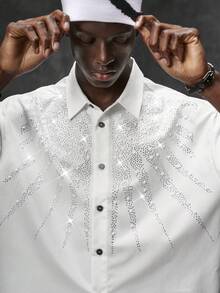 NEON BLANC Men's Summer Fashion Beaded & Rhinestone Shirt - White - View 1