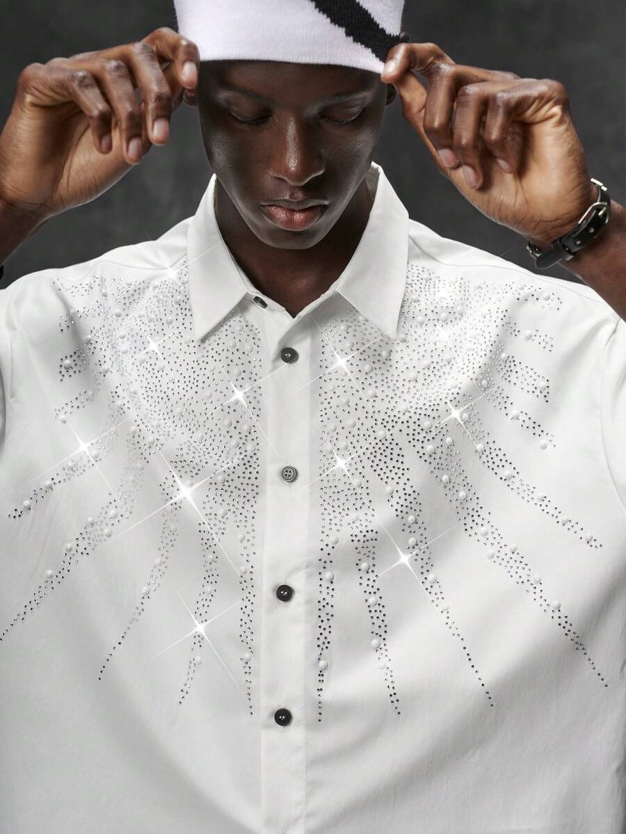 NEON BLANC Men's Summer Fashion Beaded & Rhinestone Shirt - White - View 1