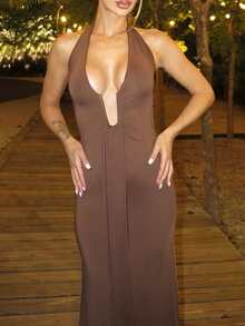 Luzma Cabello Luzma Cabello Shades Of Brown Halter Neck Backless Ruched Maxi Dress,Summer Chic Party Night Club Date Night Streetwear Elevated Elegance Prom Rave Birthday Elegant - Coffee - View 7