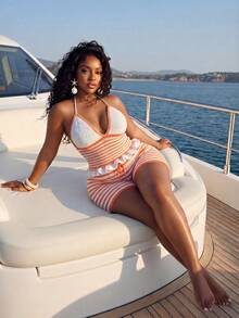 Slaydiva Plus Size Women's Striped Halter Knit Top And Knit Shorts Set, Casual Basic Style For Birthday Party, Daily Wear, Vacation, Cruise, Beach Summer - Orange - View 5