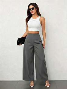 SHEIN PETITE 女款簡約休閒時尚返校季老錢風通勤高腰紋理寬腿長褲，商務休閒女裝，小個子女性適用 - 深灰色 - 查看 4