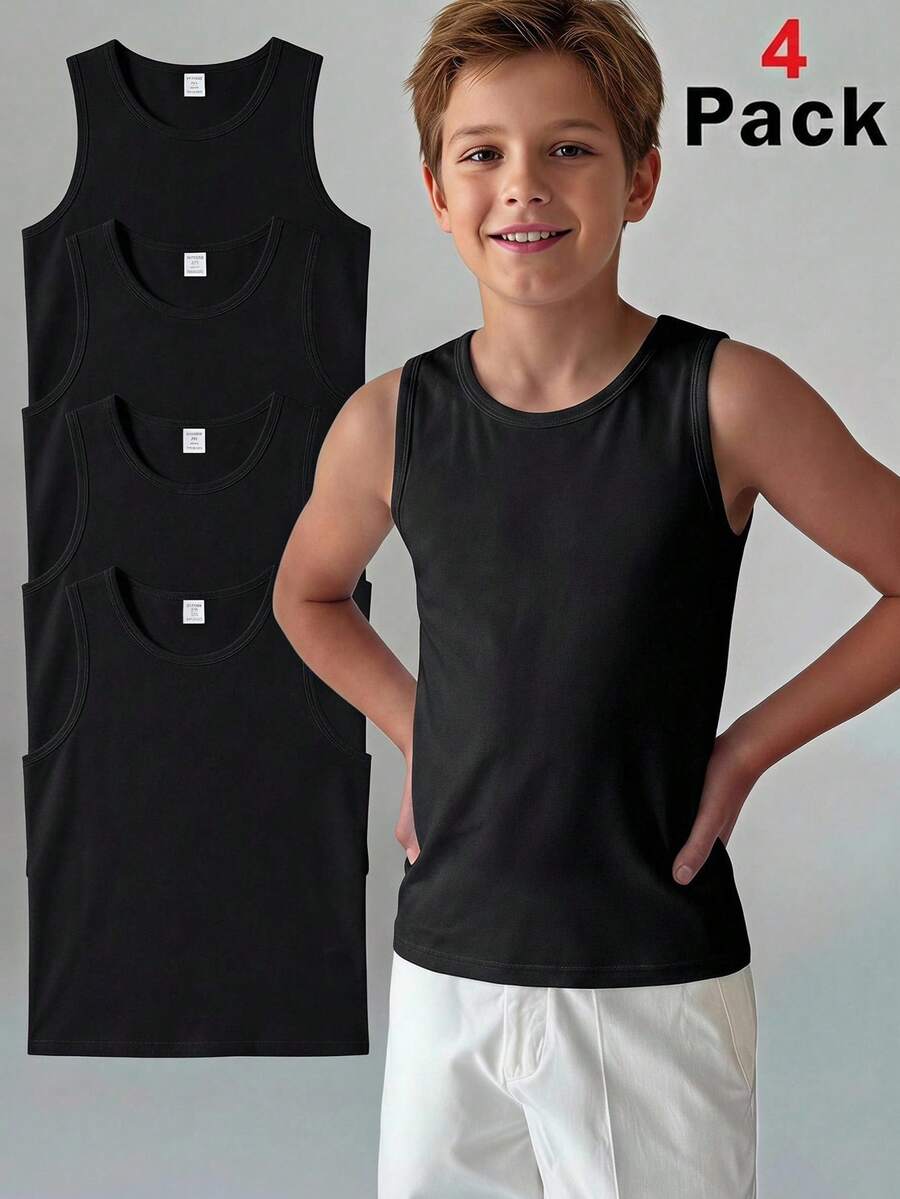 SHEIN (4件組)兒童青少年男孩休閒簡約舒適背心,時尚且適合春秋穿著 - 黑色 - 查看 1