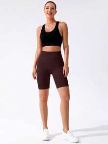SHEIN Sports 女款純色高腰日常健身運動短褲 - 酒紅色 - 查看 3