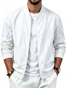 Gym Rark Men's Solid Color Long Sleeve Zip-Up Baseball Collar Sports Jacket - White - View 1