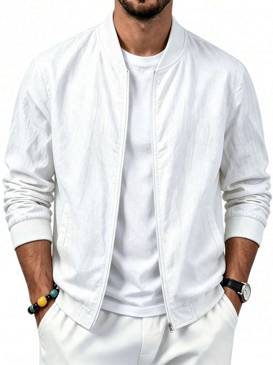 Gym Rark Men's Solid Color Long Sleeve Zip-Up Baseball Collar Sports Jacket - White - View 1