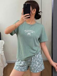 DAZY 女款字母印花圓領短袖上衣與短褲休閒居家服套裝 夏季睡衣 - 綠色 - 查看 7