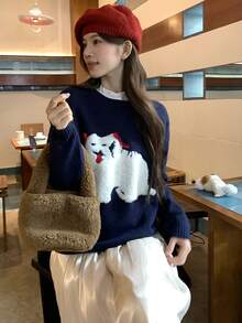 DAZY Sweater Wanita Lengan Panjang Leher Bulat Warna Kontras Musim Gugur/Dingin - Biru - View 8
