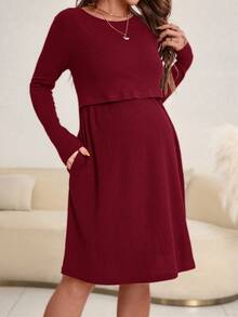 SHEIN 孕婦純色圓領長袖休閒哺乳洋裝 秋季 - 酒紅色 - 查看 4