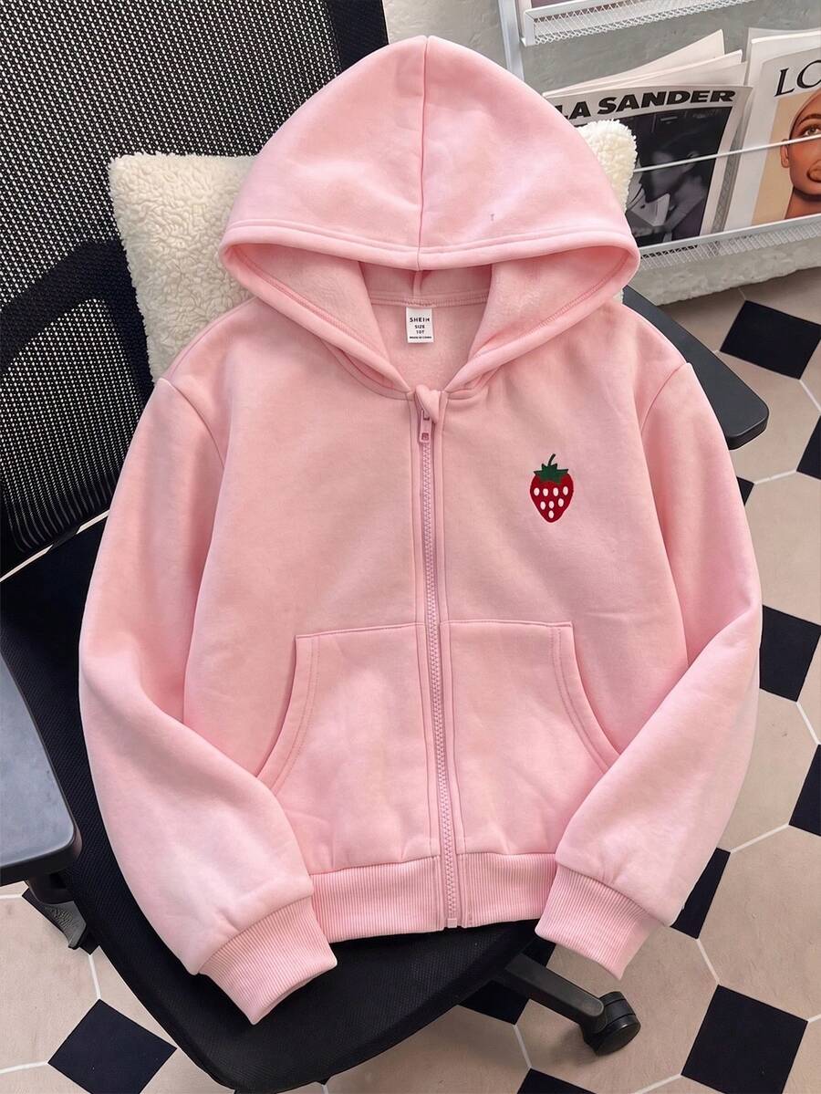 青少年女孩夾克外套,休閒款,秋季,寬鬆舒適,針織,大尺寸,長袖,秋季服飾,連帽衫,返校季粉色拉鍊連帽外套 - 粉色 - 查看 1
