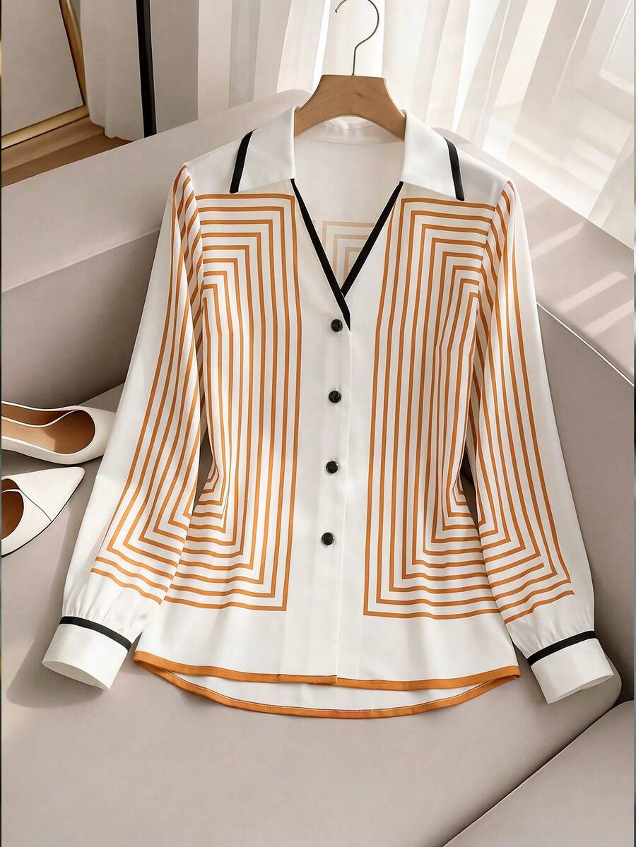 SHEIN Franclia 女款拼色單排扣休閒日常穿著襯衫 - 橘色 - 查看 1