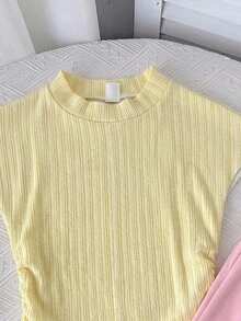 SHEIN 女童小女孩純色立領短袖羅紋T恤與長褲休閒套裝 - 彩色 - 查看 6
