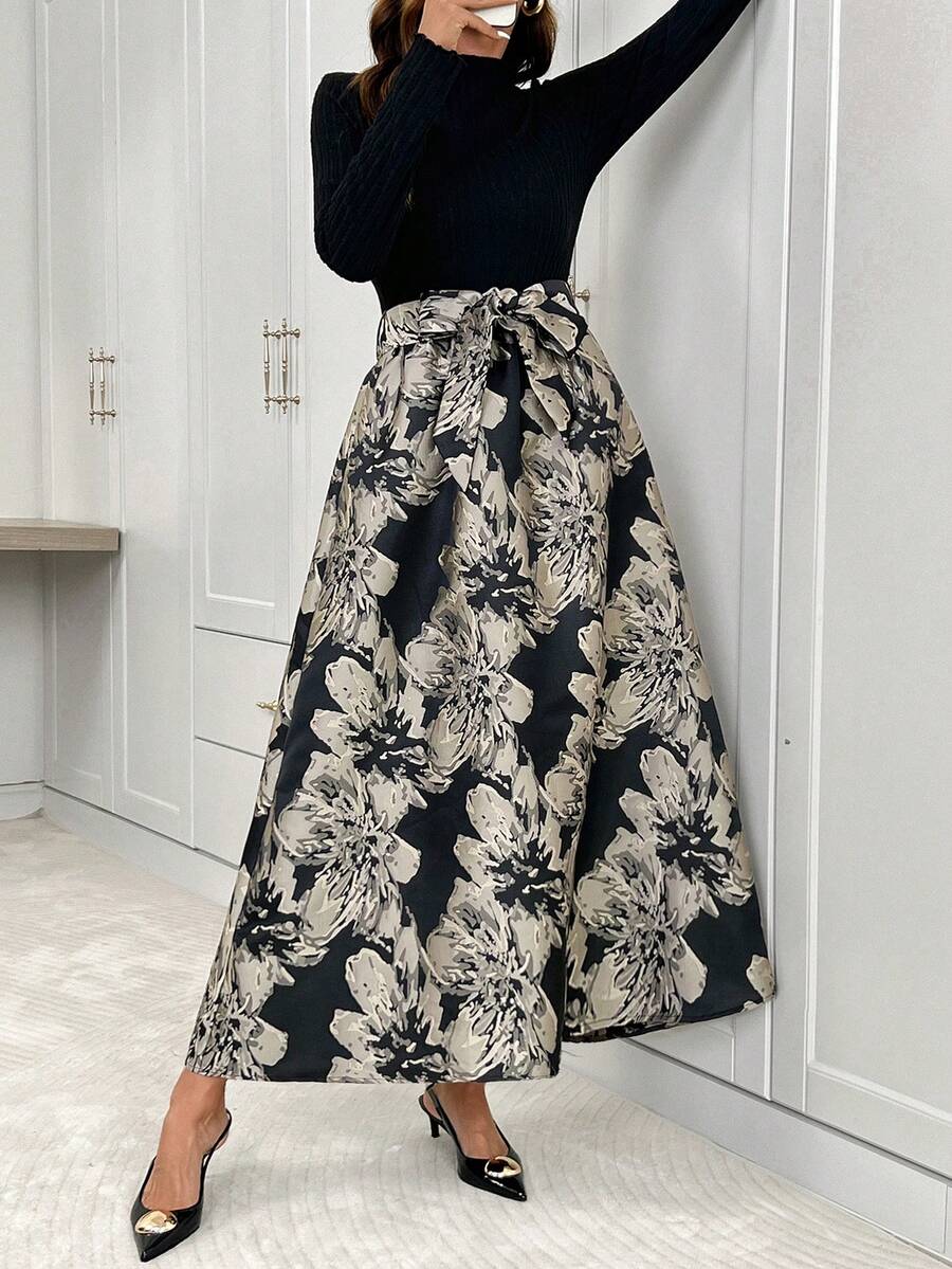 SHEIN Clasi Women's Floral Print Long Sleeve Elegant Dress - Black - View 1
