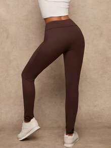 SHEIN Glamour Women's Cross Waist High Elasticity Tight Fit Sports Essential Muscle Casual Essential Muscle Long Pants Gym Sport Brown Summer Gym Sport - Brown - View 2