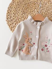 SHEIN 新生女嬰秋冬休閒兔與花朵刺繡開襟衫 - 卡其色 - 查看 7