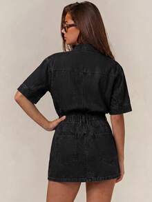 Athîral Denim 女款短袖單排扣休閒口袋牛仔洋裝 - 黑色 - 查看 2
