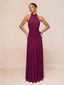 Lumalex Soft Flowy Comfortable Mesh Mock Neck Ruched Waist Oversized Skirt Backless Tie Strap Women's Long Dress - Burgundy - View 8