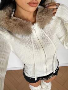 StreetHx Streetwear Sexy Fall Solid Color Y2K Fur Collar Casual Versatile Loose Ribbed Zip-Up Knit Cardigan Club City Break Everyday Going Out Off-White - Apricot - View 4