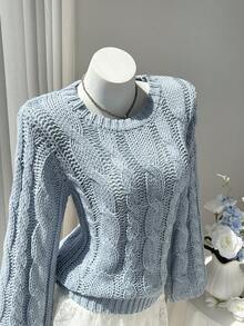 Elamini Sweater Pullover Rajut Tebal Vintage Warna Polos, Leher Bulat dengan Desain Tali Terpilin, Atasan yang Menawan, Pakaian Wanita Gaya Retro Longgar, Cocok untuk Musim Gugur/Dingin - Baby Blue - View 4