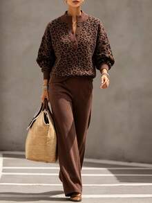 Omancia Leopard Print Stand Collar Sweater + Sweater Pants 2 Pieces Set, Autumn/Winter Knitwear - Coffee Brown - View 4