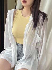 DAZY Women's Cream Yellow Fitted Ribbed Crew Neck Camisole, Summer Thin Clothing - Yellow - View 6