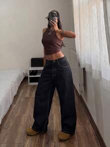 SHEIN Tall 女款素色腰帶直筒寬鬆休閒百搭牛仔褲 - 黑色 - 查看 4