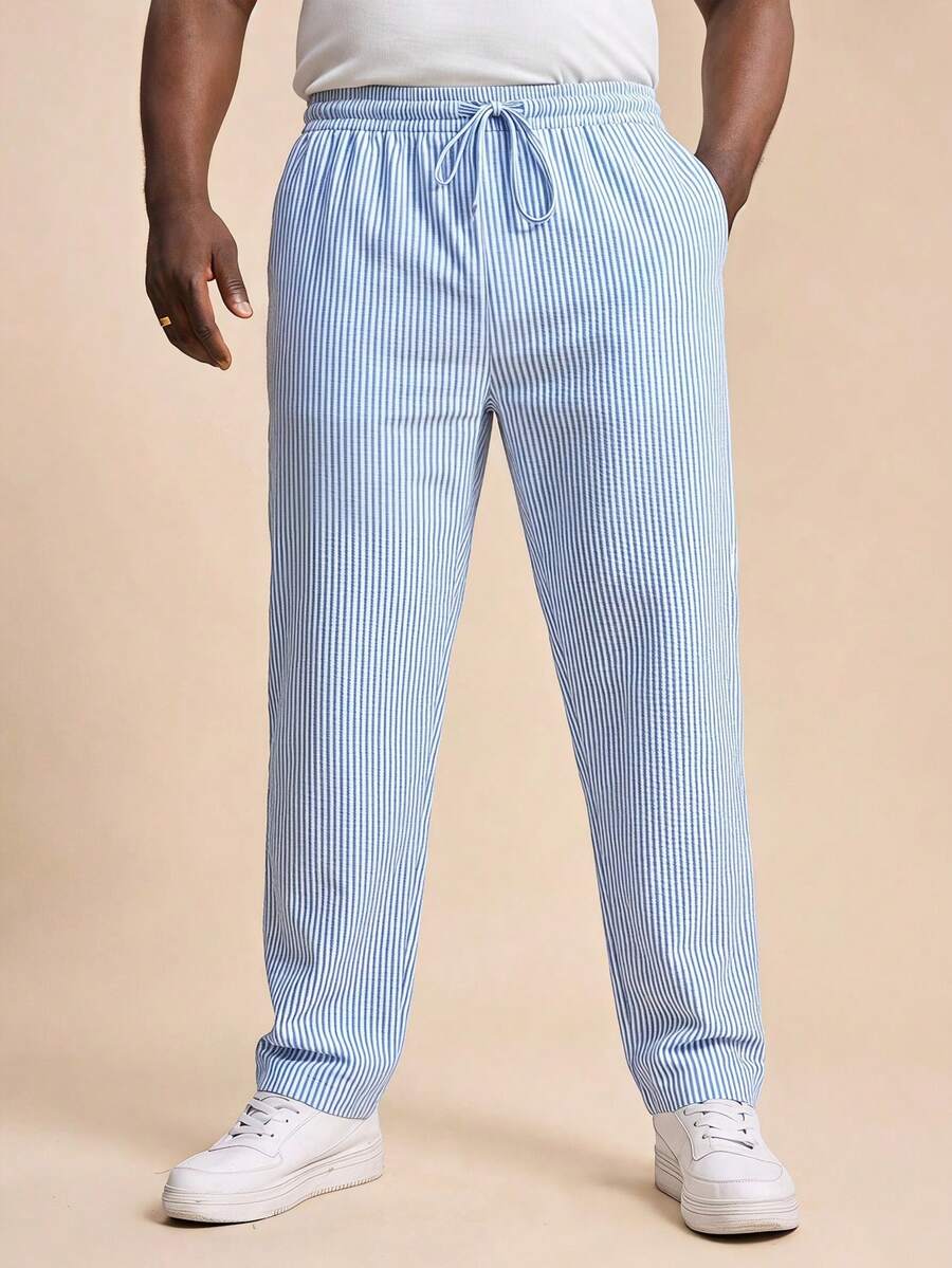 EASEVO Men's Plus Size Striped Drawstring Waist Pocket Casual Daily Travel Long Pants - Blue - View 1