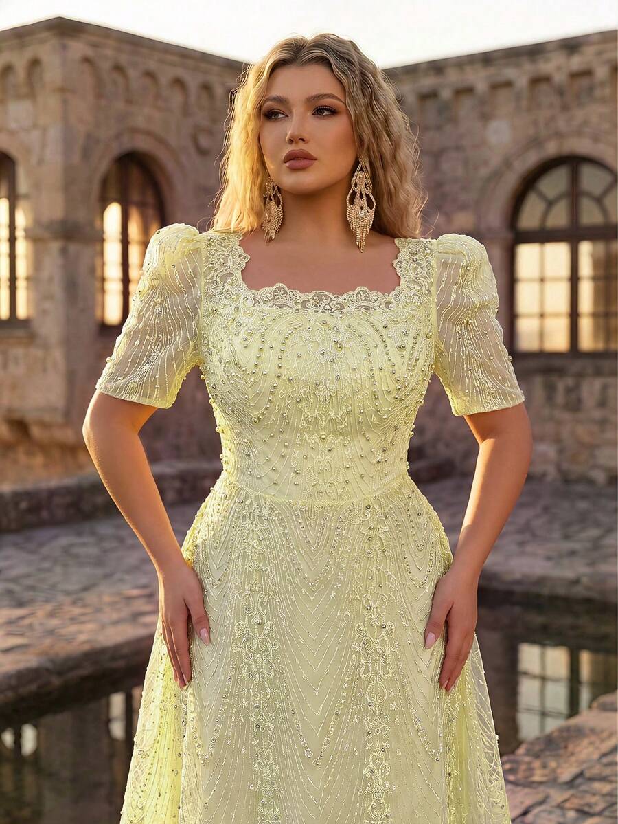 Glamrae Plus Size Elegant Romantic Square Neck Short Sleeve Sheer Rhinestone & Pearl Embellished A-Line Evening Gown For Wedding Party Celebration Formal Occasion Event Heavy Work Design - Yellow - View 1