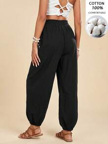 Travachic Women's Solid Color Waist Tie Pocket Cuffed Casual Long Pants - Black - View 3