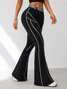 SHEIN Sports Women's Summer Black Tight Sexy Soft Sports Long Pants With Slogan, High Elastic Waistband, Front Color Block Line Design, Flared Leg, Fashionable - Black - View 4