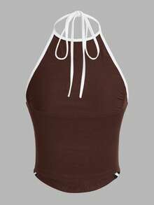 SHEIN ICON Women's Contrast Color Panel Halter Neck Slim Fit Tank Top, Casual Daily Wear - Coffee Brown - View 2