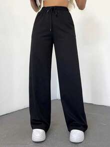 Wovencharm Wovencharm Solid Drawstring Waist Sweatpants - Black - View 2