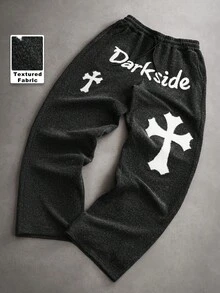 PAVTROS Men's Letter & Cross Print Drawstring Waist Casual Sweatpants - Black - View 1