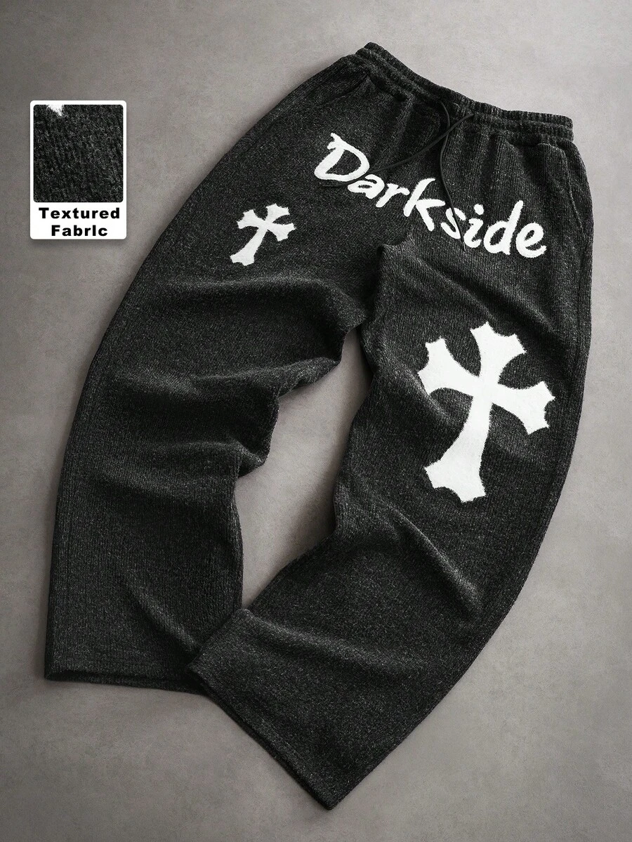 PAVTROS Men's Letter & Cross Print Drawstring Waist Casual Sweatpants - Black - View 1