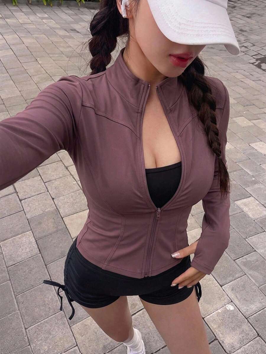 DAZY 女款純色彈性小立領修身長袖夾克,運動休閒,春秋款 - 酒紅色 - 查看 1