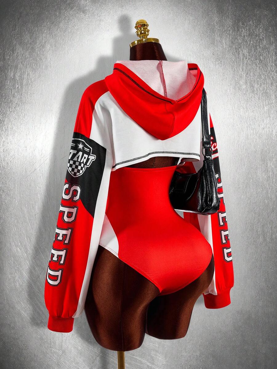 Amplova Motorcycle Style Long Sleeve Fitted Bodycon Bodysuit With Spaghetti Straps And Hoodie Sweatshirt Ribbed Long Sleeve Fitted Women's 2-Piece Set - Red - View 1