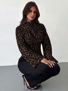 Firerie Leopard Print Long Sleeve Shirt With Adjustable Pleated Collar, Asymmetric Hem And Side Pleat Design, Suitable For Year-Round Wear And Versatile Use - Multicolor - View 1