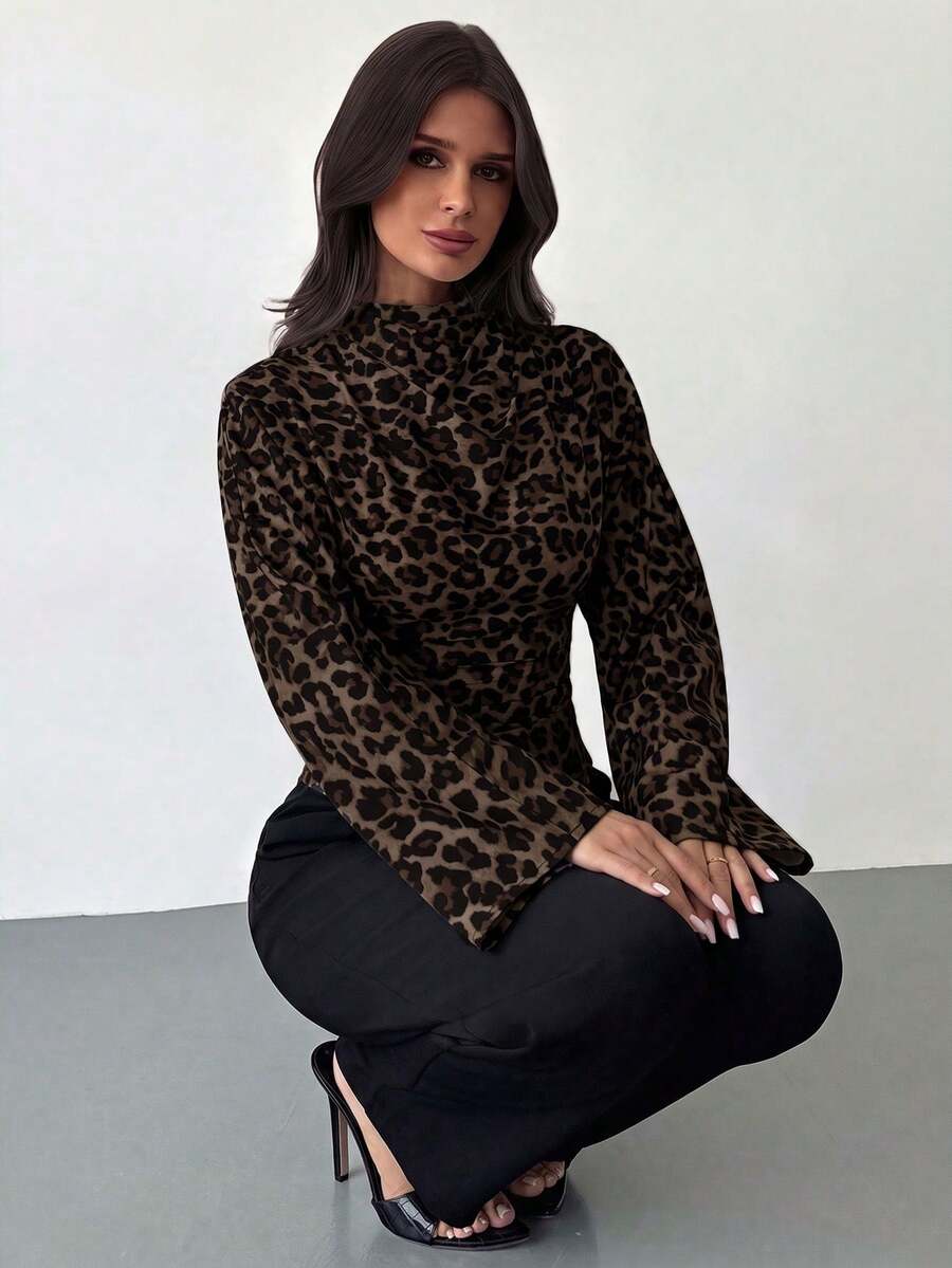 Firerie Leopard Print Long Sleeve Shirt With Adjustable Pleated Collar, Asymmetric Hem And Side Pleat Design, Suitable For Year-Round Wear And Versatile Use - Multicolor - View 1