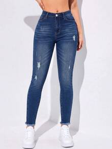 Flexra Celana Jeans Denim Kasual Wanita untuk Pakaian Sehari-hari dengan Saku, Kancing, dan Desain Rusak, Warna Biru Tua untuk Musim Gugur dan Musim Dingin - Medium Wash - View 5