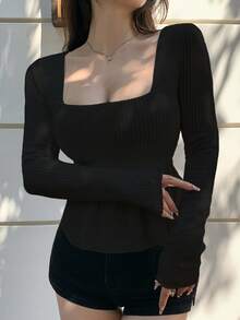 DAZY 女士简约 V 领长袖纯色 T 恤、休闲装、娃娃装上衣 - 黑色 - 查看 4