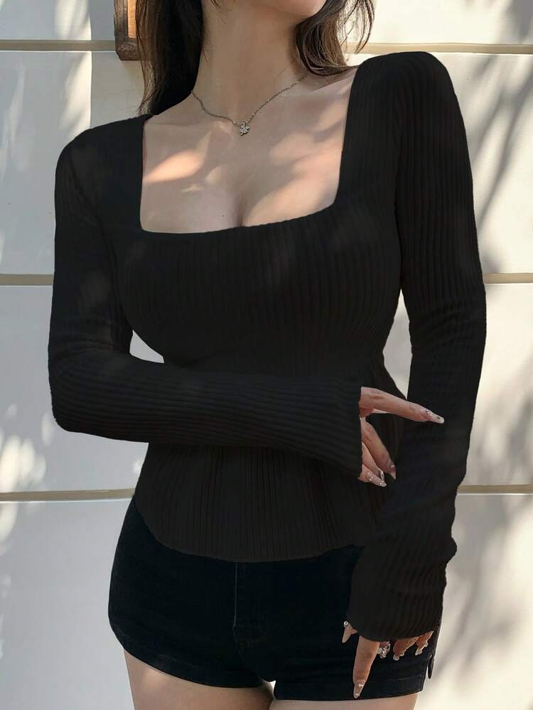 DAZY Women Simple V-Neck Long Sleeve Solid Color T-Shirt, Casual Wear,Babydoll Top - Black - View 4